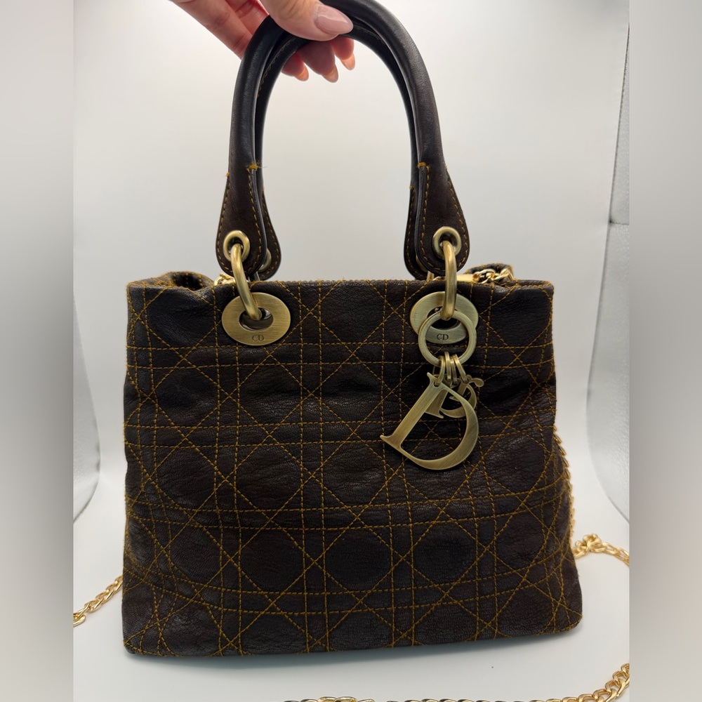 Rare Lady Dior Small Tote Bag in Constract Stitch Cannage Brown Leather - Picture 6 of 15